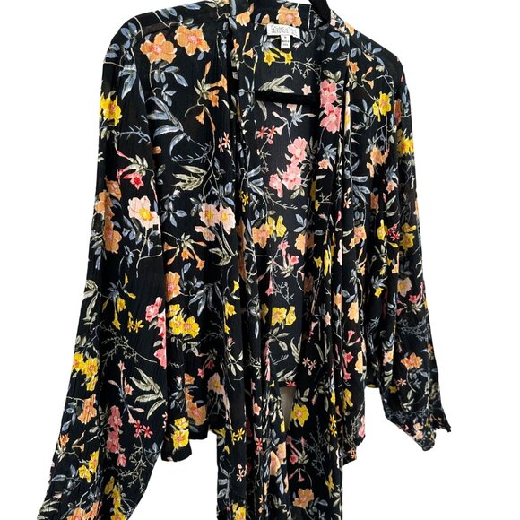 Patrons Of Peace Black Floral Open Front Cardigan Wrap With Long Sleeves Size M - Picture 2 of 8